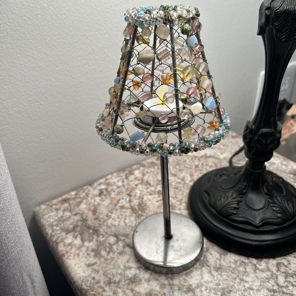 Vintage Tea Light Candle Holder With Beaded Shade
